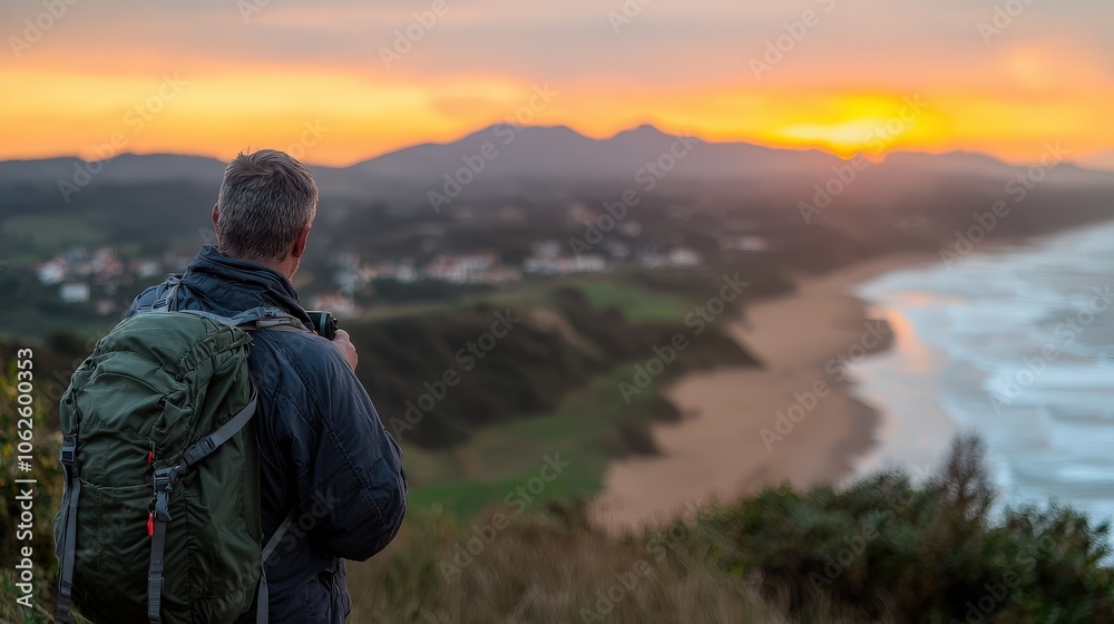 Naklejka premium Man with Backpack Capturing Sunset Over Beach and Mountains