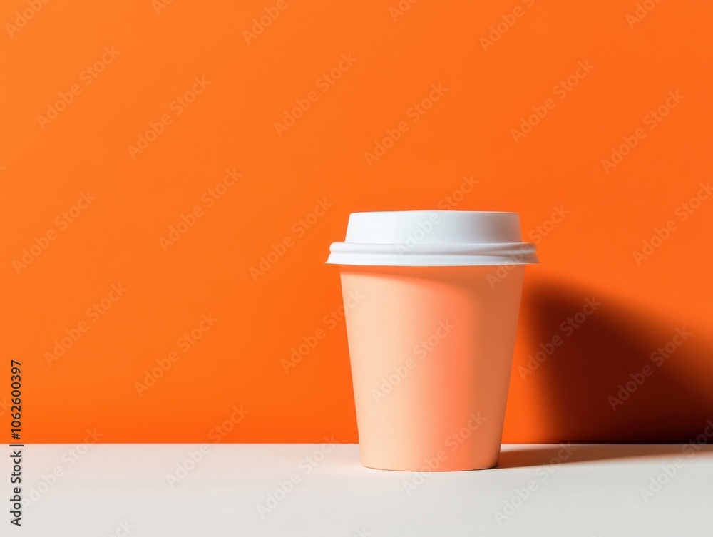 A minimalist image of a peach paper cup against a bright orange background, perfect for coffee or beverage branding. A minimalist image of a peach paper cup against a bright orange background, perfect for coffee or beverage branding.