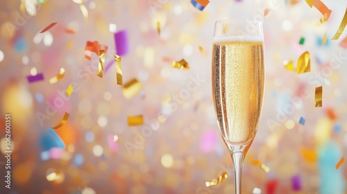 Kick off the New Year with a dazzling closeup of bubbly champagne, surrounded by festive decor and vibrant confetti. photo