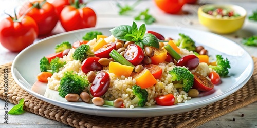 Minimalist Fresh Vegetable Salad with Broccoli, Cherry Tomatoes, Bell Peppers, Beans, and Couscous