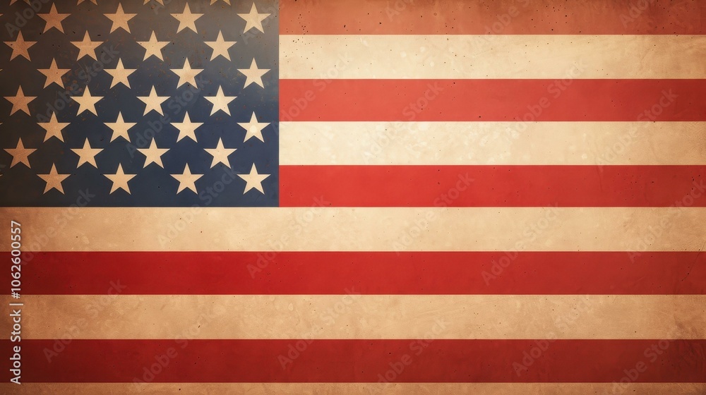 Fototapeta premium A weathered American flag in grunge style, embodying vintage charm and patriotic spirit. Perfect for rustic decor.