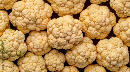 A vibrant stack of fresh cauliflower, glistening with water droplets, showcases its crisp texture and healthy appeal. photo