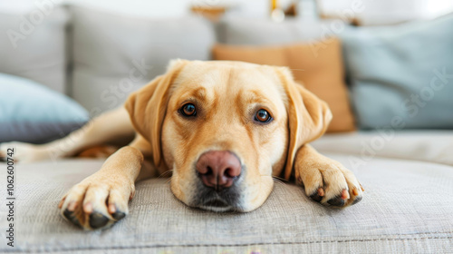 A loyal dog patiently awaits its owners in a sleek, modern living room, embodying love and companionship.