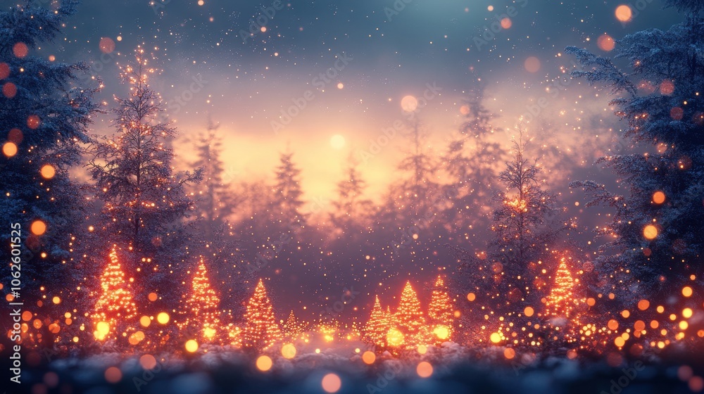 Abstract christmas fairy lights with magical forest in background Abstract christmas fairy lights with magical forest in background