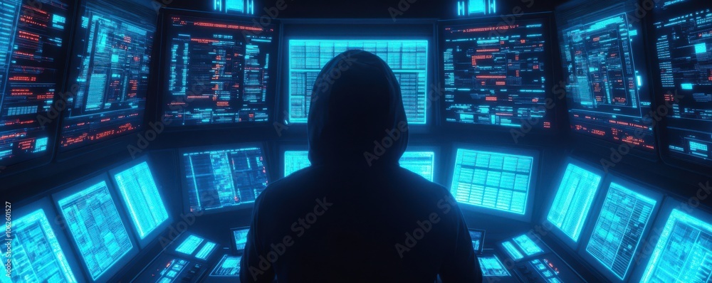 A mysterious figure in a hooded jacket is surrounded by glowing screens in a high-tech control room, enhancing the aura of secrecy. A mysterious figure in a hooded jacket is surrounded by glowing screens in a high-tech control room, enhancing the aura of secrecy.