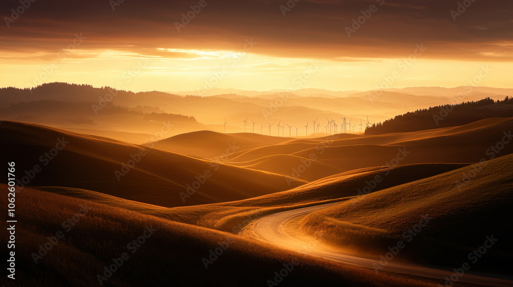 Golden hills and winding roads create serene landscape at sunset, with wind turbines in distance. warm light enhances natural beauty of rolling terrain Golden hills and winding roads create serene landscape at sunset, with wind turbines in distance. warm light enhances natural beauty of rolling terrain