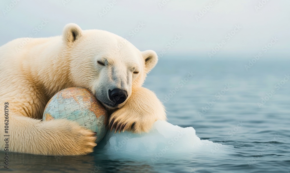 Fototapeta premium A polar bear holding a beautiful globe on an iceberg globe in the ocean Global warming concept