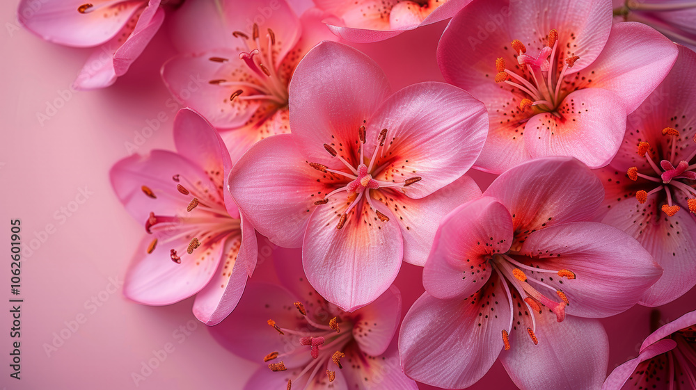 Delicate pink flowers with vibrant center details are thoughtfully arranged against a soft pink background, creating a serene and harmonious display ideal for showcasing spring beauty. Delicate pink flowers with vibrant center details are thoughtfully arranged against a soft pink background, creating a serene and harmonious display ideal for showcasing spring beauty.