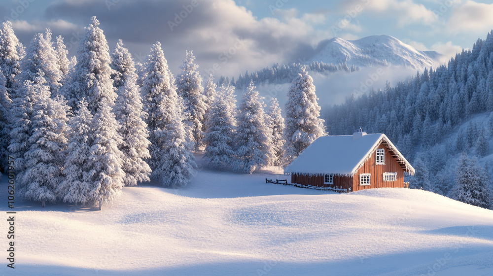 A cozy wooden cabin nestled in a snowy landscape with snow-covered pine trees and mountains A cozy wooden cabin nestled in a snowy landscape with snow-covered pine trees and mountains
