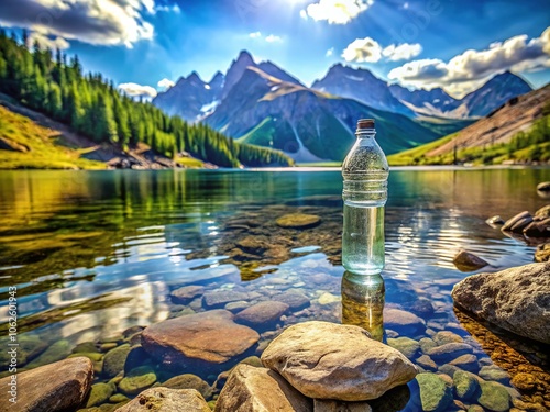 Mountain Lake Shore Water Bottle Candid Photo photo