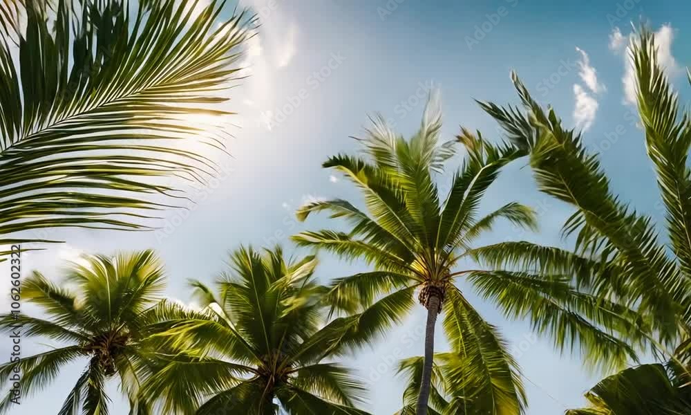 Lush palm trees against a bright sky, evoking a tropical paradise atmosphere. Lush palm trees against a bright sky, evoking a tropical paradise atmosphere.
