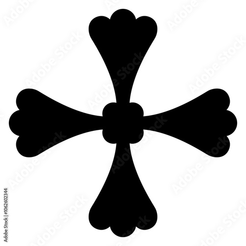 Stylized cross shape. Abstract geometrical square decorative element. Medieval folk style. Black silhouette on white background.