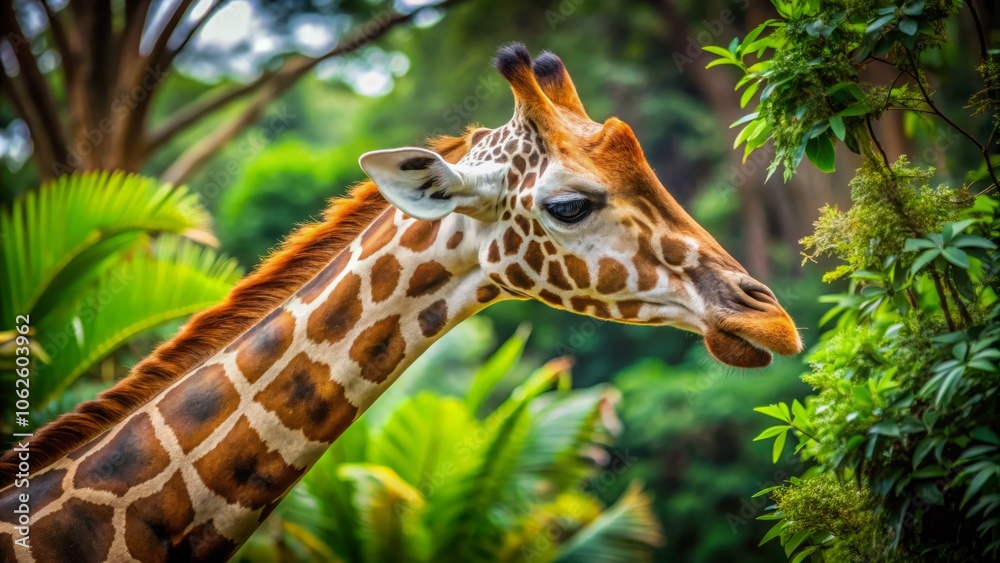 Detailed Giraffe Profile in Natural Zoo Environment, Close-Up View Capturing Graceful Neck and Unique Patterns for Animal Lovers and Wildlife Photography Enthusiasts Detailed Giraffe Profile in Natural Zoo Environment, Close-Up View Capturing Graceful Neck and Unique Patterns for Animal Lovers and Wildlife Photography Enthusiasts