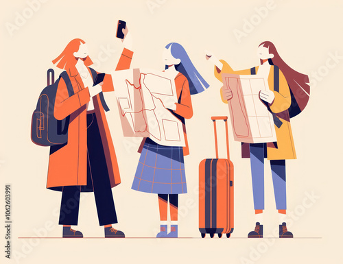 Illustration of Three Friends with Backpacks and a Suitcase, Holding Maps