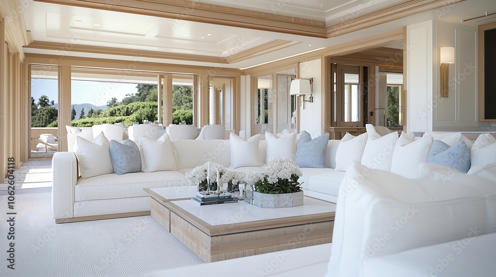 Fototapeta premium A plush, inviting living room featuring a large, comfortable sofa adorned with soft throw pillows, surrounded by an elegant coffee table and tasteful decor. The warm lighting creates a welcoming
