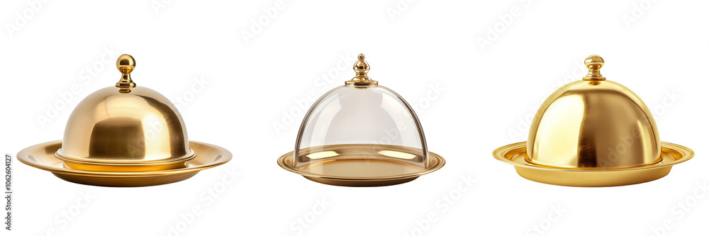 Set of Golden serving cloche raised above empty golden plate isolated on a transparent background Set of Golden serving cloche raised above empty golden plate isolated on a transparent background