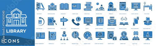 Library icon. Bookshelf, Library Building, Open Book, Library Card and Book Stack