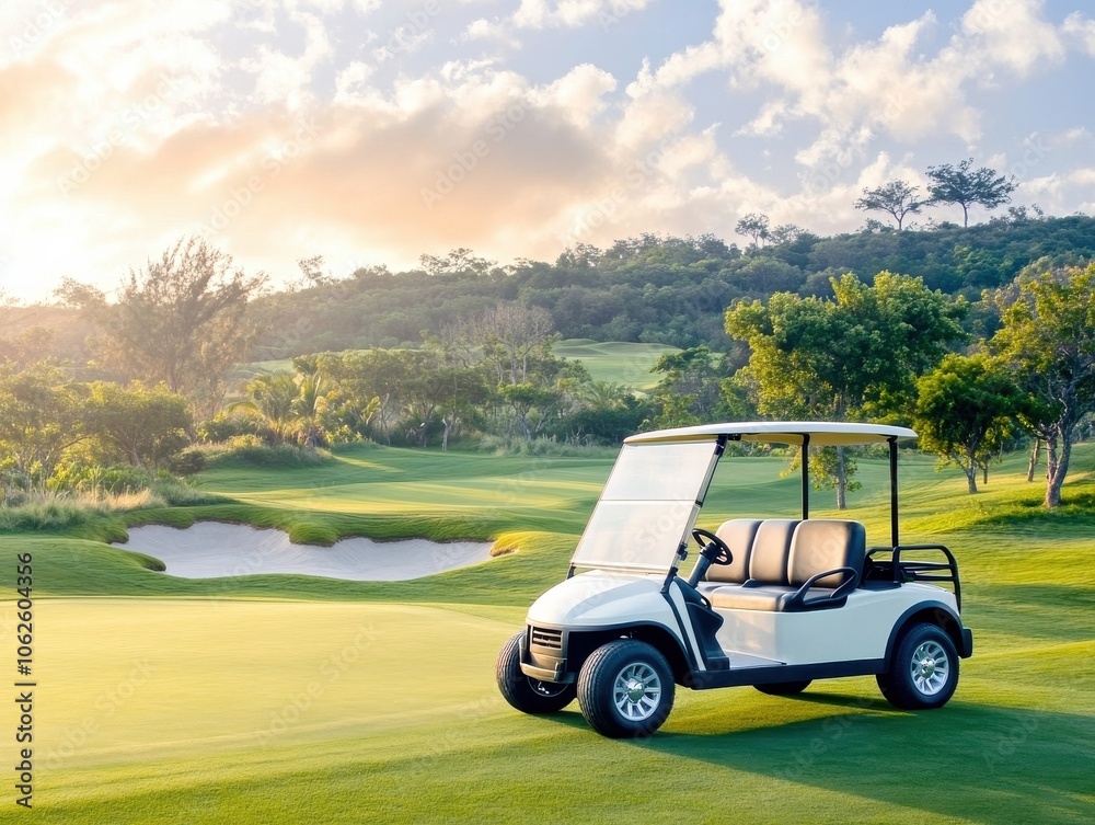 Fototapeta premium A serene golf course scene featuring a white golf cart illuminated by the warm glow of sunset, surrounded by lush greenery.