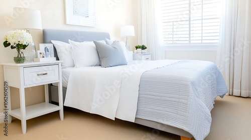 A serene bedroom setting featuring a neatly made bed, organized bedside tables, and decluttered surfaces. The image captures a sense of calm and relaxation, ideal for promoting an organized