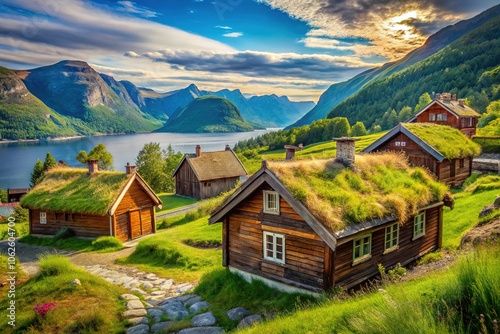 Panoramic Summer in Norway: Rustic Log & Stone Houses with Grass Roofs