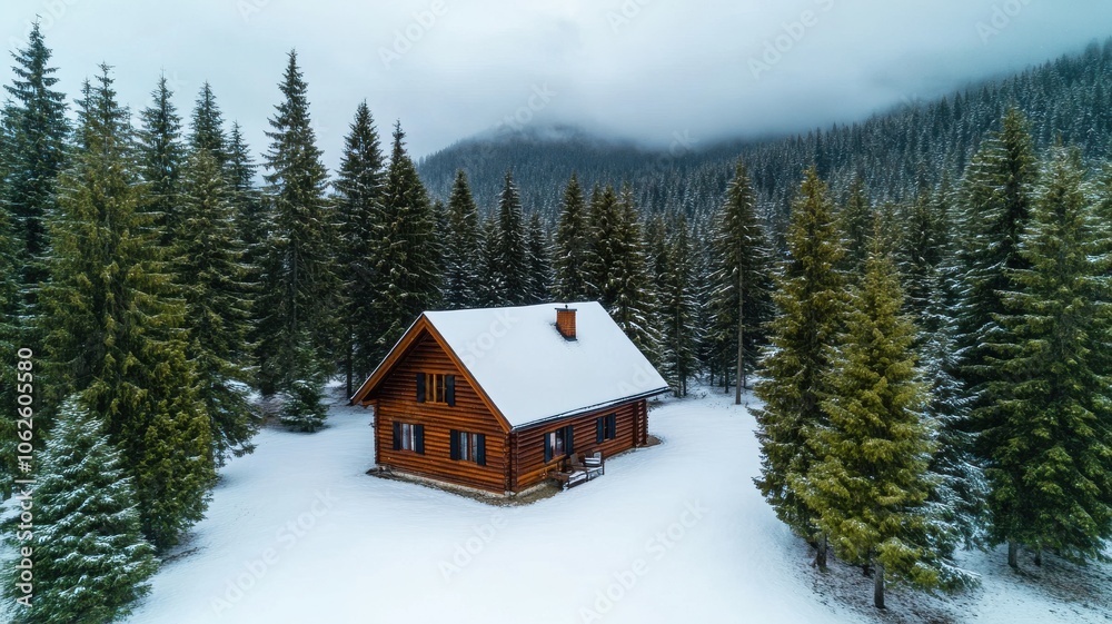 A serene winter cabin nestled among snowy trees under a cloudy sky, perfect for a cozy escape.