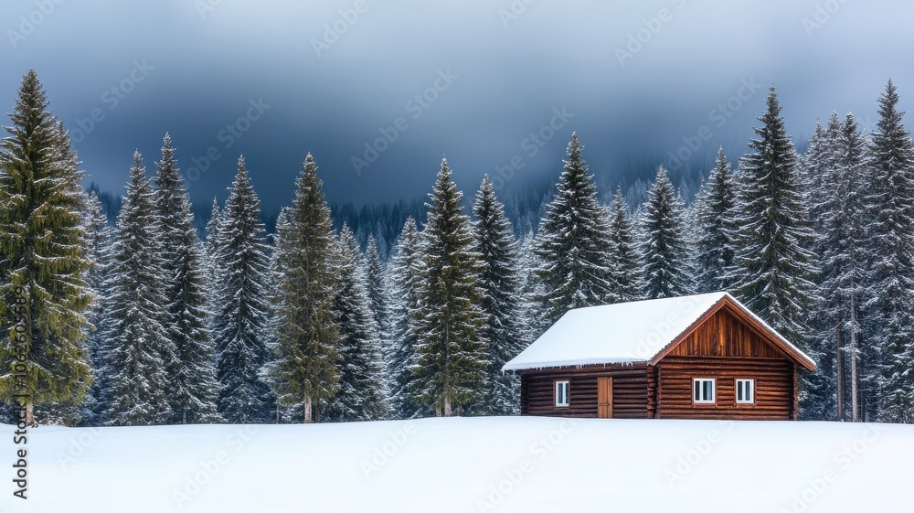 A serene winter landscape featuring a cozy cabin surrounded by snow-covered trees and a dramatic cloudy sky. A serene winter landscape featuring a cozy cabin surrounded by snow-covered trees and a dramatic cloudy sky.