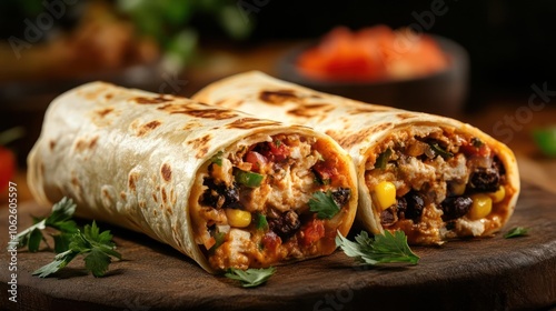 A delicious burrito filled with meat and veggies, served on a wooden board.