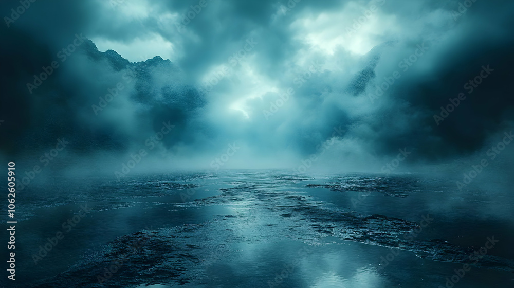 Fototapeta premium Abstract Landscape with Foggy Mountains and Water