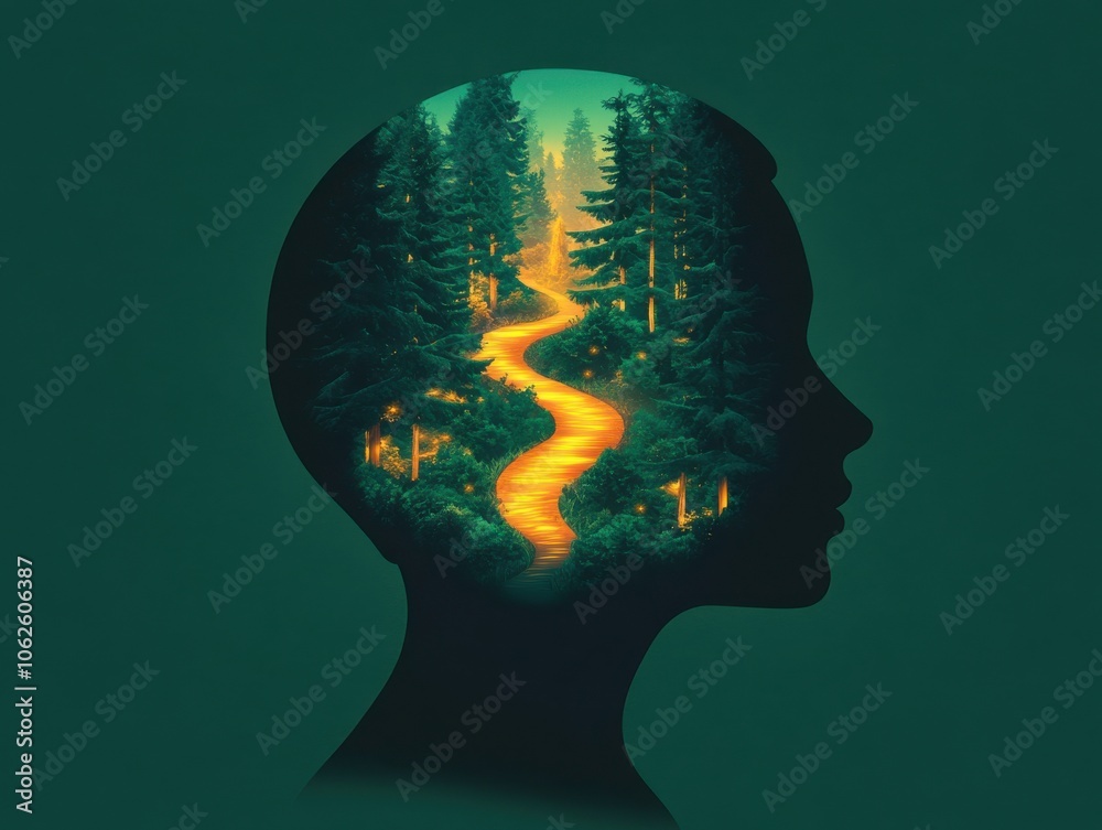 A silhouette of a person's head with a vibrant forest scene, symbolizing creativity, introspection, and the journey of the mind. A silhouette of a person's head with a vibrant forest scene, symbolizing creativity, introspection, and the journey of the mind.