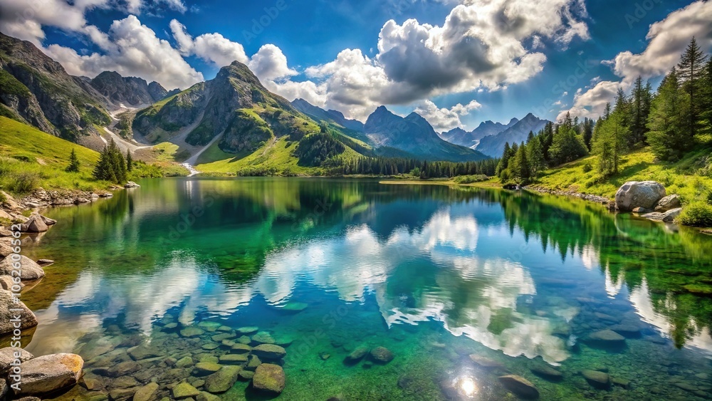Wide-angle lake surrounded by mountains capturing magical nature moments Wide-angle lake surrounded by mountains capturing magical nature moments
