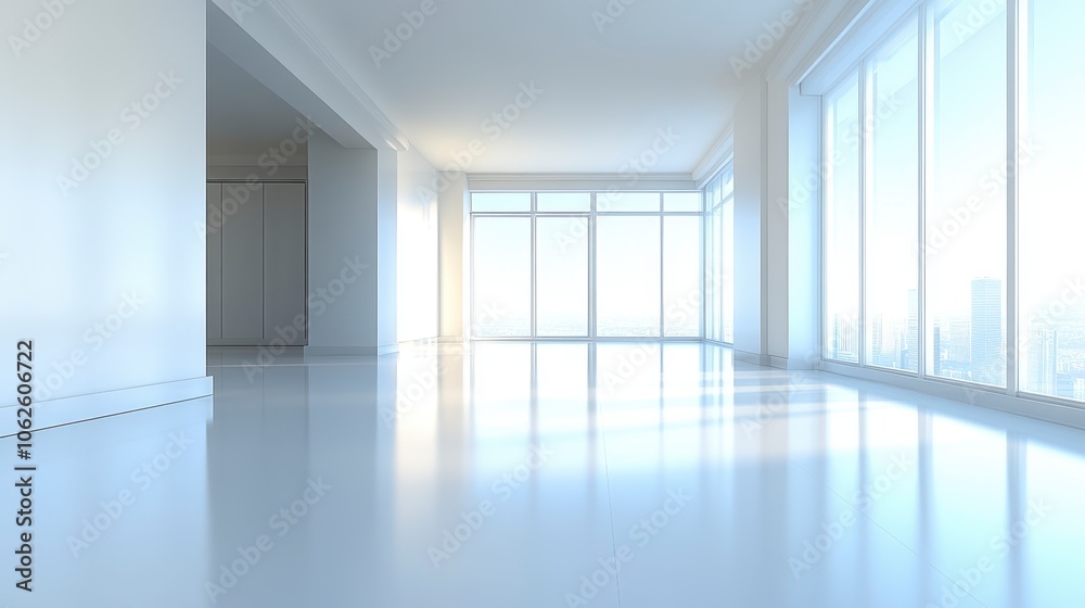 Vast sunlit empty room, floor-to-ceiling windows, white minimalist design, serene atmosphere Vast sunlit empty room, floor-to-ceiling windows, white minimalist design, serene atmosphere
