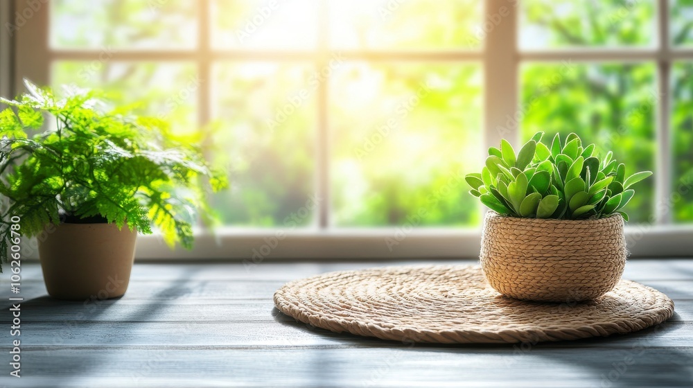 Sunlit room, potted succulents on woven mat, morning light through window, fresh greenery, tranquil atmosphere Sunlit room, potted succulents on woven mat, morning light through window, fresh greenery, tranquil atmosphere