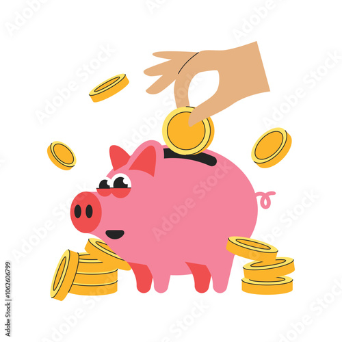 Piggy bank savings concept Hand putting coin a piggy bank money savings illustration