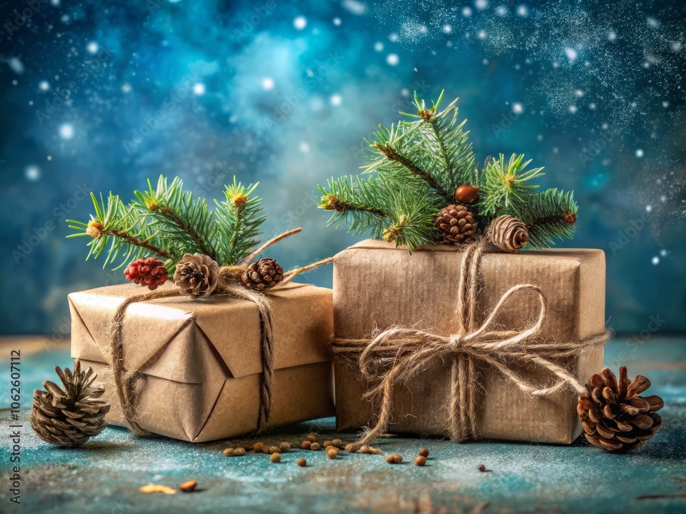 Festive Present Boxes with Pine Decor and Twine on Blue Textured Backdrop for Holiday Feast Themes Festive Present Boxes with Pine Decor and Twine on Blue Textured Backdrop for Holiday Feast Themes