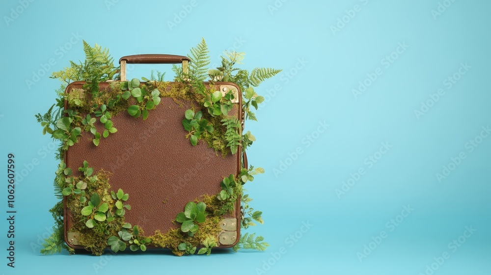 Fototapeta premium Vintage Suitcase Covered in Lush Green Plants on Blue Background