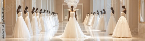 A stunning bridal showcase featuring multiple elegant wedding gowns illuminated by soft light, creating a dreamlike atmosphere.