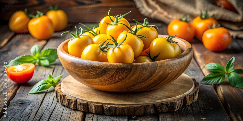 Fresh Yellow Tomatoes in a Rustic Wooden Bowl on a Table, Vibrant Organic Produce, Farm-to-Table, Healthy Eating, Summer Harvest, Organic Farming, Natural Ingredients Fresh Yellow Tomatoes in a Rustic Wooden Bowl on a Table, Vibrant Organic Produce, Farm-to-Table, Healthy Eating, Summer Harvest, Organic Farming, Natural Ingredients