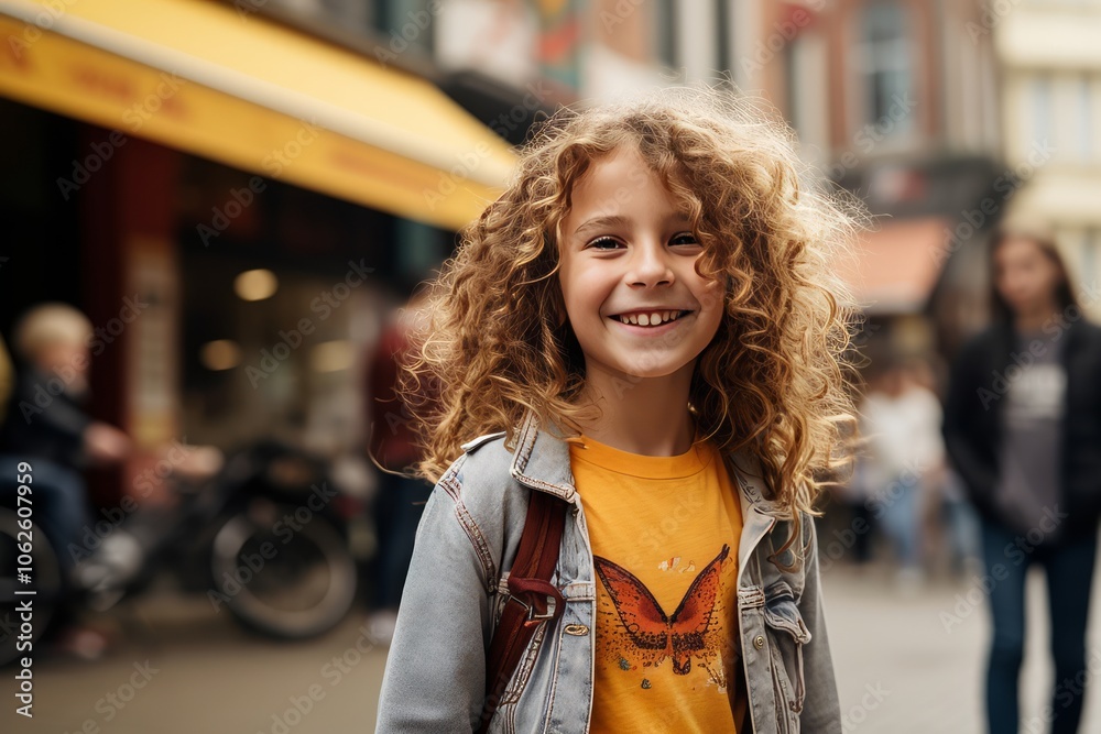 Portrait of a smiling little girl with curly hair in the city Portrait of a smiling little girl with curly hair in the city