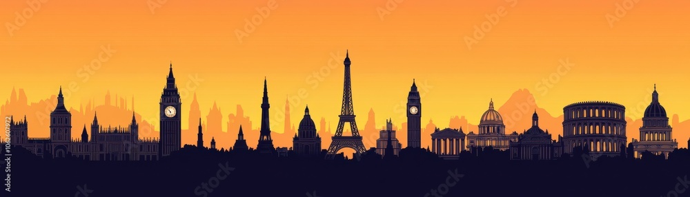 Naklejka premium A stunning silhouette of iconic landmarks against a vibrant sunset backdrop, showcasing the beauty of global architecture.