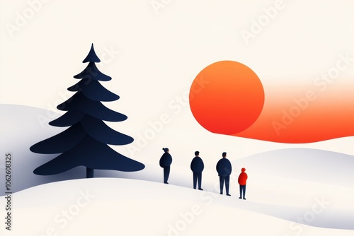 Snowy Landscape with Figures Under Sunset - Winter Greeting - Creative Graphics photo