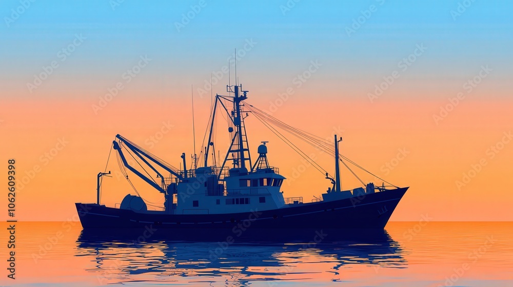 Silhouette of Fishing Boat at Sunset on Calm Sea Silhouette of Fishing Boat at Sunset on Calm Sea