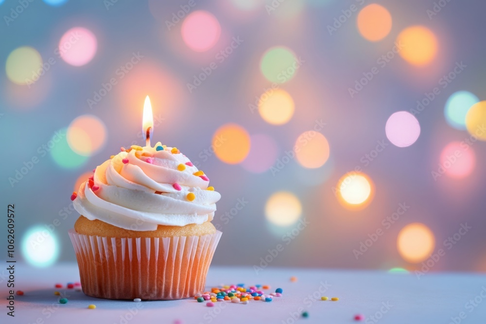 Colorful Cupcake with Lit Candle and Sprinkles Colorful Cupcake with Lit Candle and Sprinkles