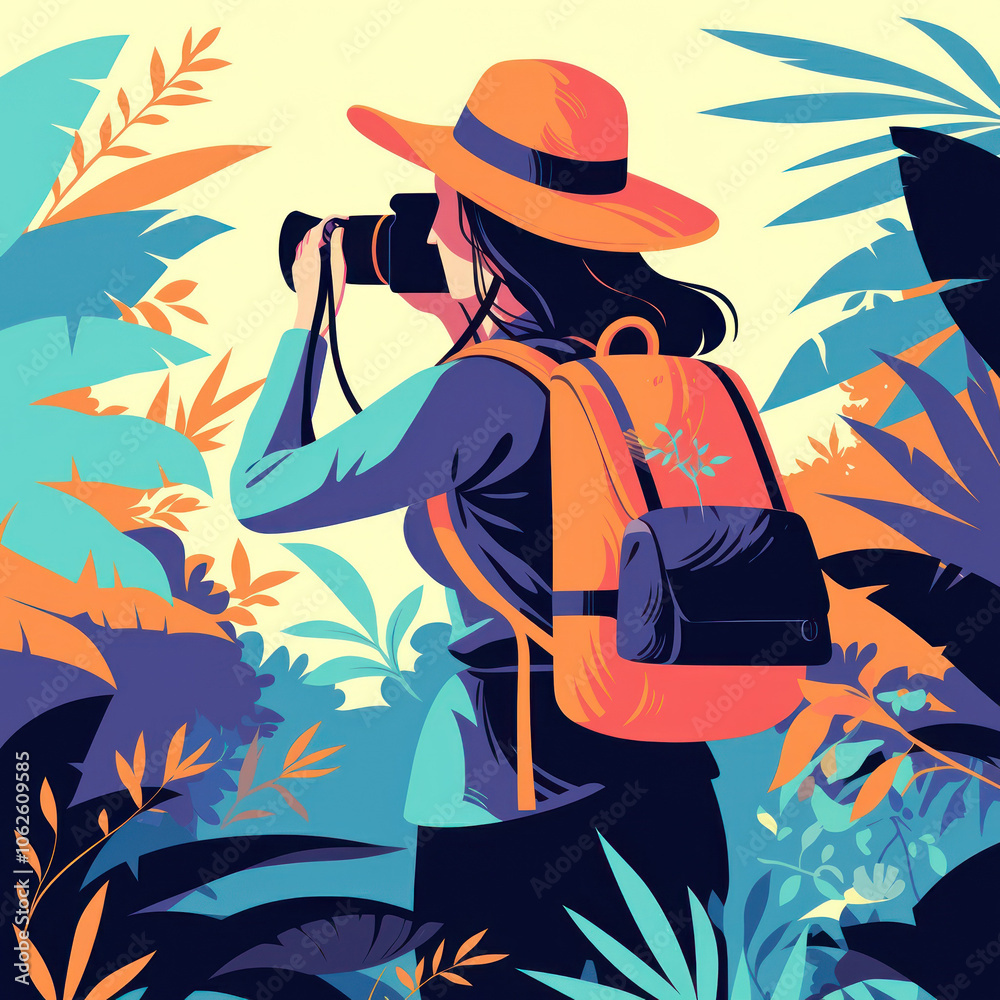 Woman with Backpack and Hat Taking a Photo in a Jungle Illustration Woman with Backpack and Hat Taking a Photo in a Jungle Illustration