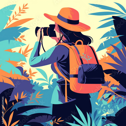 Woman with Backpack and Hat Taking a Photo in a Jungle Illustration