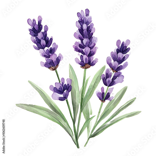 Watercolor illustration of lavender flowers on a white background, perfect for botanical, nature, or floral-themed designs.