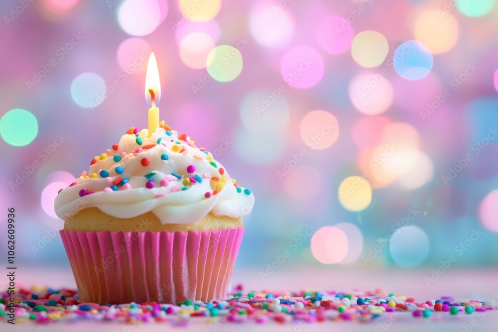 Colorful Cupcake with Lit Candle and Sprinkles Colorful Cupcake with Lit Candle and Sprinkles