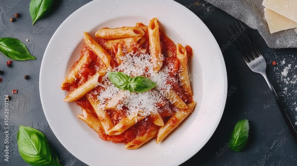 Spicy penne Arrabbiata pasta with tomato sauce and Parmesan, served on white plate, top and side views Spicy penne Arrabbiata pasta with tomato sauce and Parmesan, served on white plate, top and side views