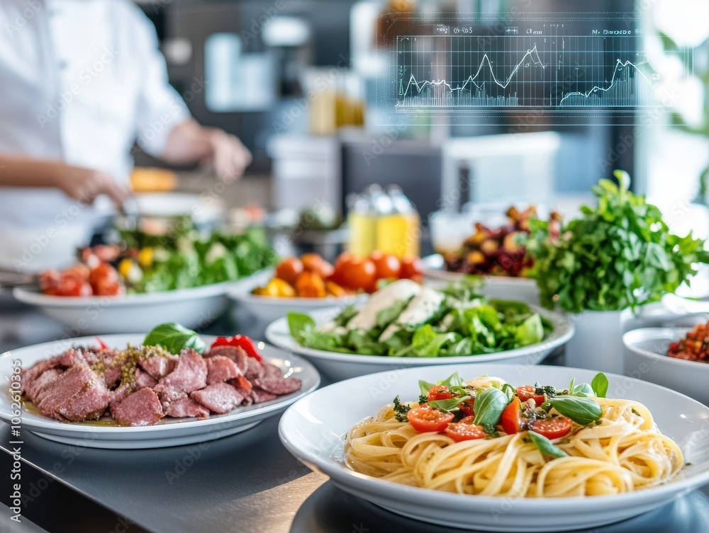 Obraz premium A vibrant display of gourmet dishes in a modern kitchen, highlighting fresh ingredients and culinary expertise.