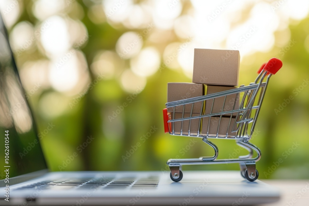 Small Shopping Cart on Laptop with Boxes Small Shopping Cart on Laptop with Boxes