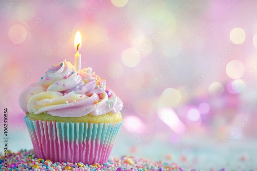 Colorful Cupcake with Whipped Frosting and Candle Colorful Cupcake with Whipped Frosting and Candle